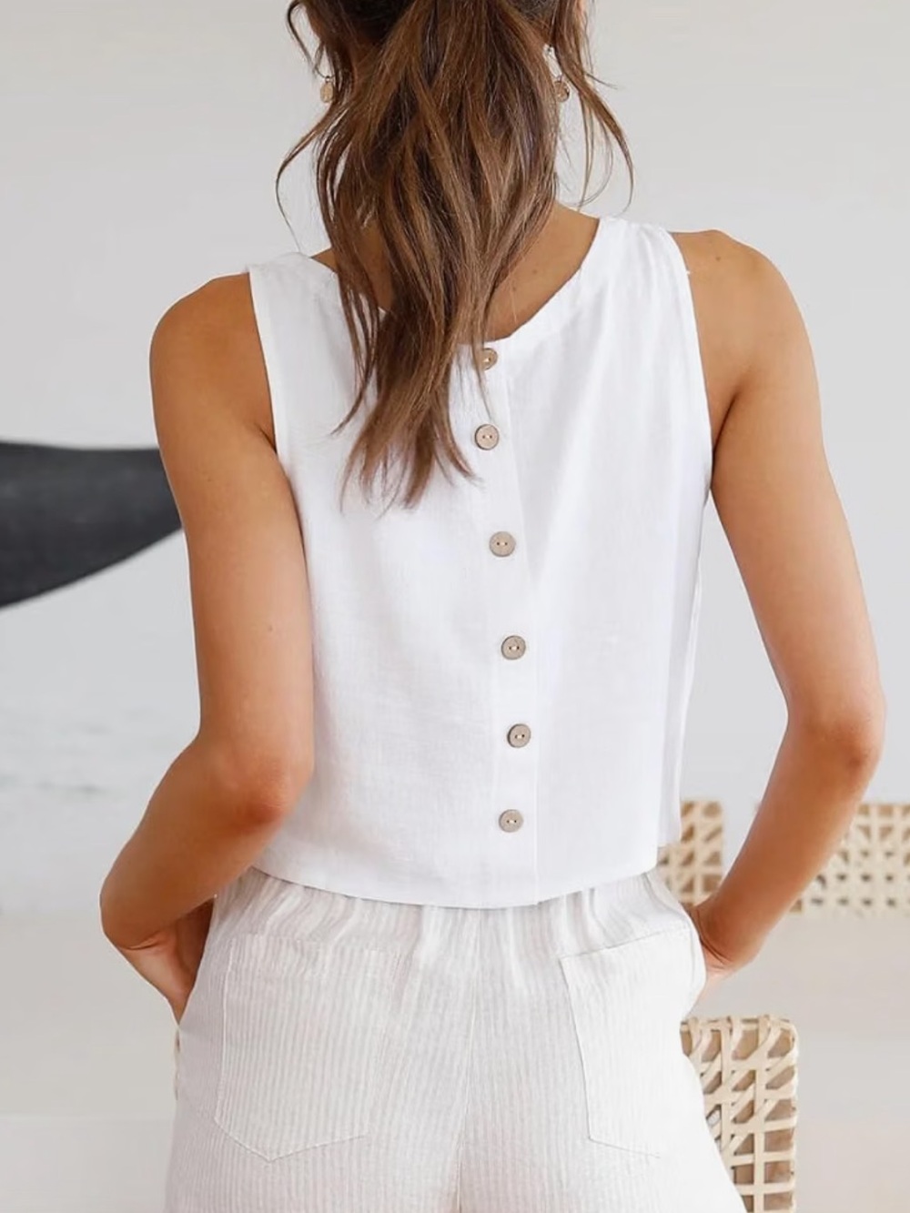 Classic White Linen-Blend Button-Back Cropped Sleeveless Top
